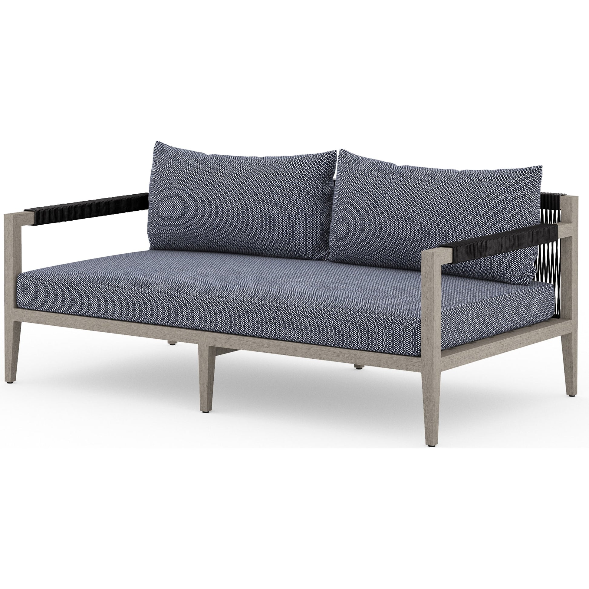Sherwood Outdoor Sofa, Weathered Grey by Four Hands. Made from 100% olefin, solid fsc®-certified teak, 100% polypropylene in a coastal style.