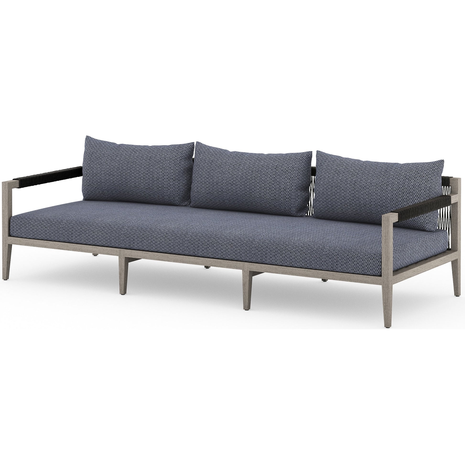 Sherwood Outdoor Sofa, Weathered Grey by Four Hands. Made from 100% olefin, solid fsc®-certified teak, 100% polypropylene in a coastal style.