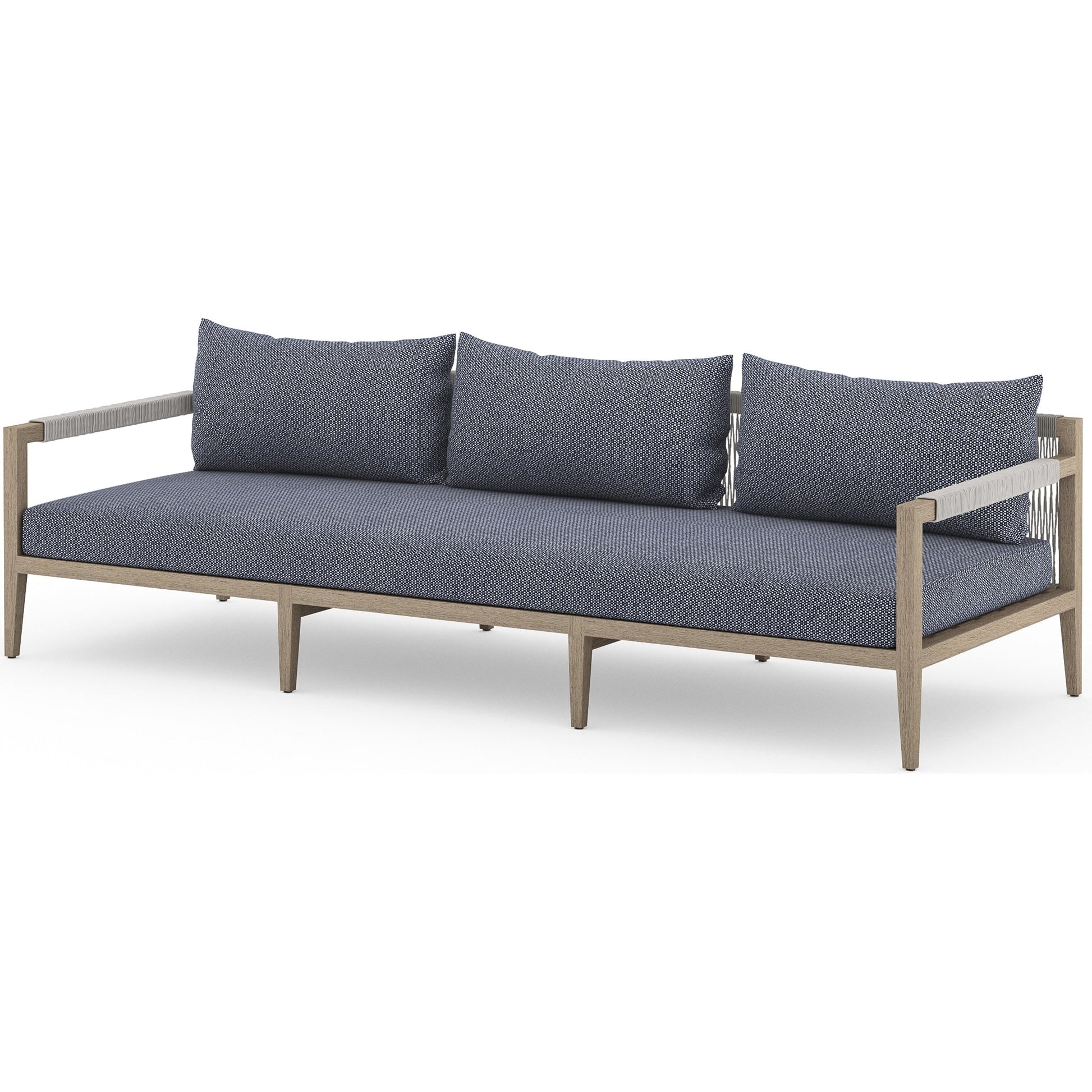 Sherwood Outdoor Sofa, Washed Brown by Four Hands. Made from 100% olefin, solid fsc®-certified teak, 100% polypropylene in a coastal style.