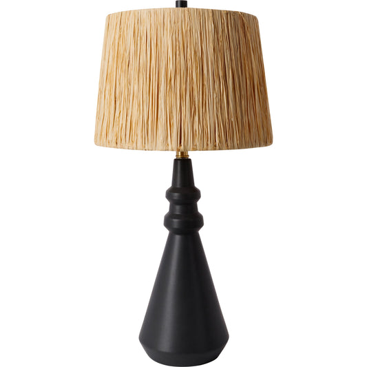 Kuta Table Lamp - 31884 by Surya in body: black, shade: beige, finial: black, harp: metallic - nickel, cord: black and glazedpainted. Made from shade (outside): raffia, shade (inside): raffia, body: ceramic, finial: metal