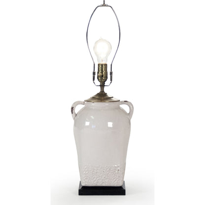 Sampson Lamp by Zentique in distressed crackle white, burlap shade and ceramic. Made from ceramic in a cottage & farmhouse style.