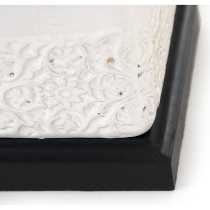 Sampson Lamp by Zentique in distressed crackle white, burlap shade and ceramic. Made from ceramic in a cottage & farmhouse style.
