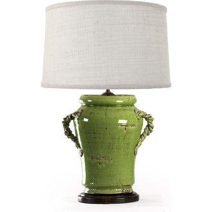 Green Pottery Lamp by Zentique in distressed green, natural shade and ceramic. Made from ceramic in a cottage & farmhouse style.