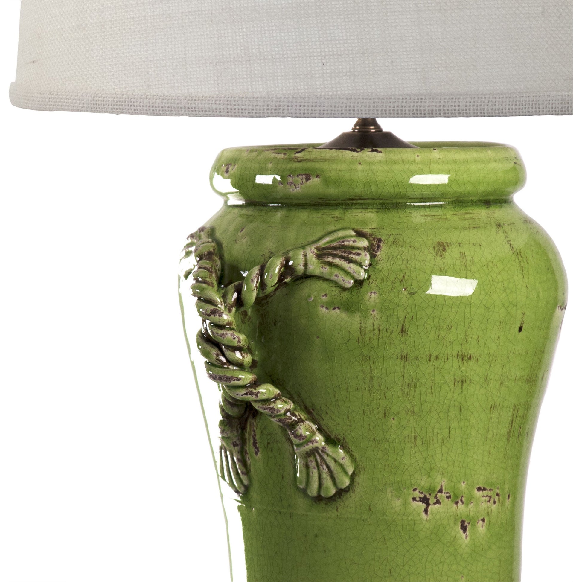 Green Pottery Lamp by Zentique in distressed green, natural shade and ceramic. Made from ceramic in a cottage & farmhouse style.