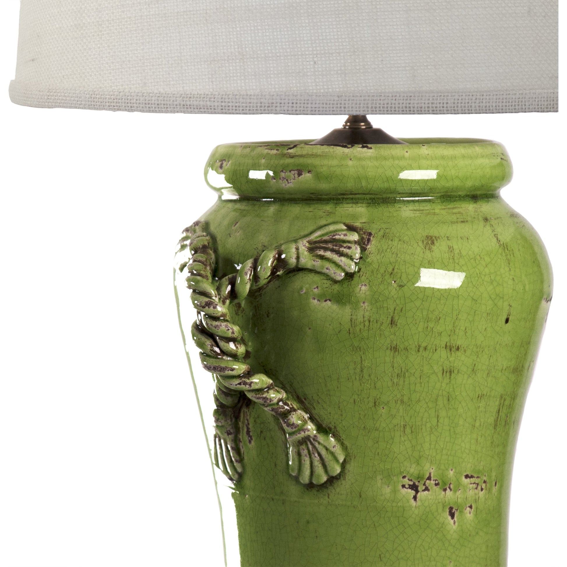 Green Pottery Lamp by Zentique in distressed green, natural shade and ceramic. Made from ceramic in a cottage & farmhouse style.