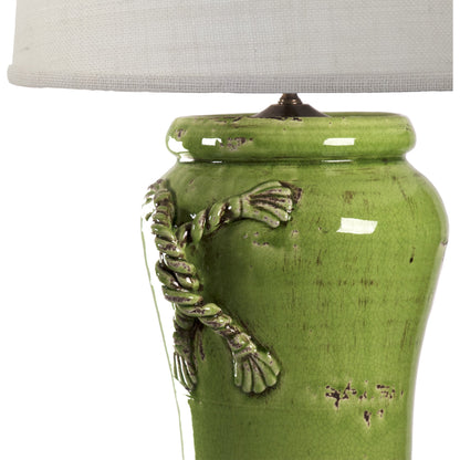 Green Pottery Lamp by Zentique in distressed green, natural shade and ceramic. Made from ceramic in a cottage & farmhouse style.