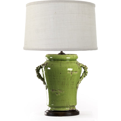 Green Pottery Lamp by Zentique in distressed green, natural shade and ceramic. Made from ceramic in a cottage & farmhouse style.