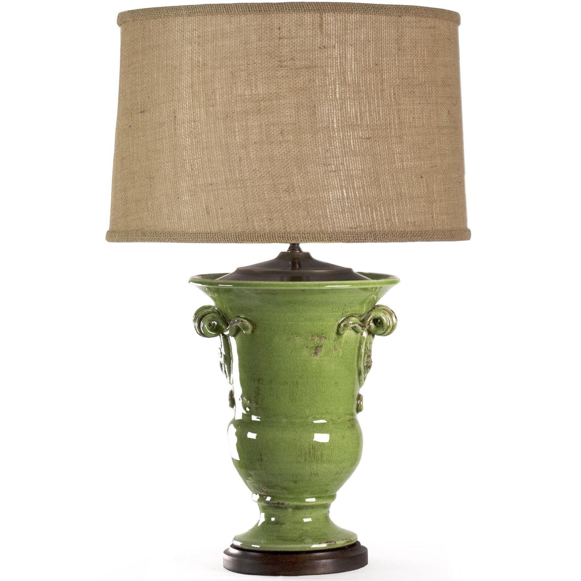 Green Pottery Lamp by Zentique in distressed green, natural shade and ceramic. Made from ceramic in a cottage & farmhouse style.