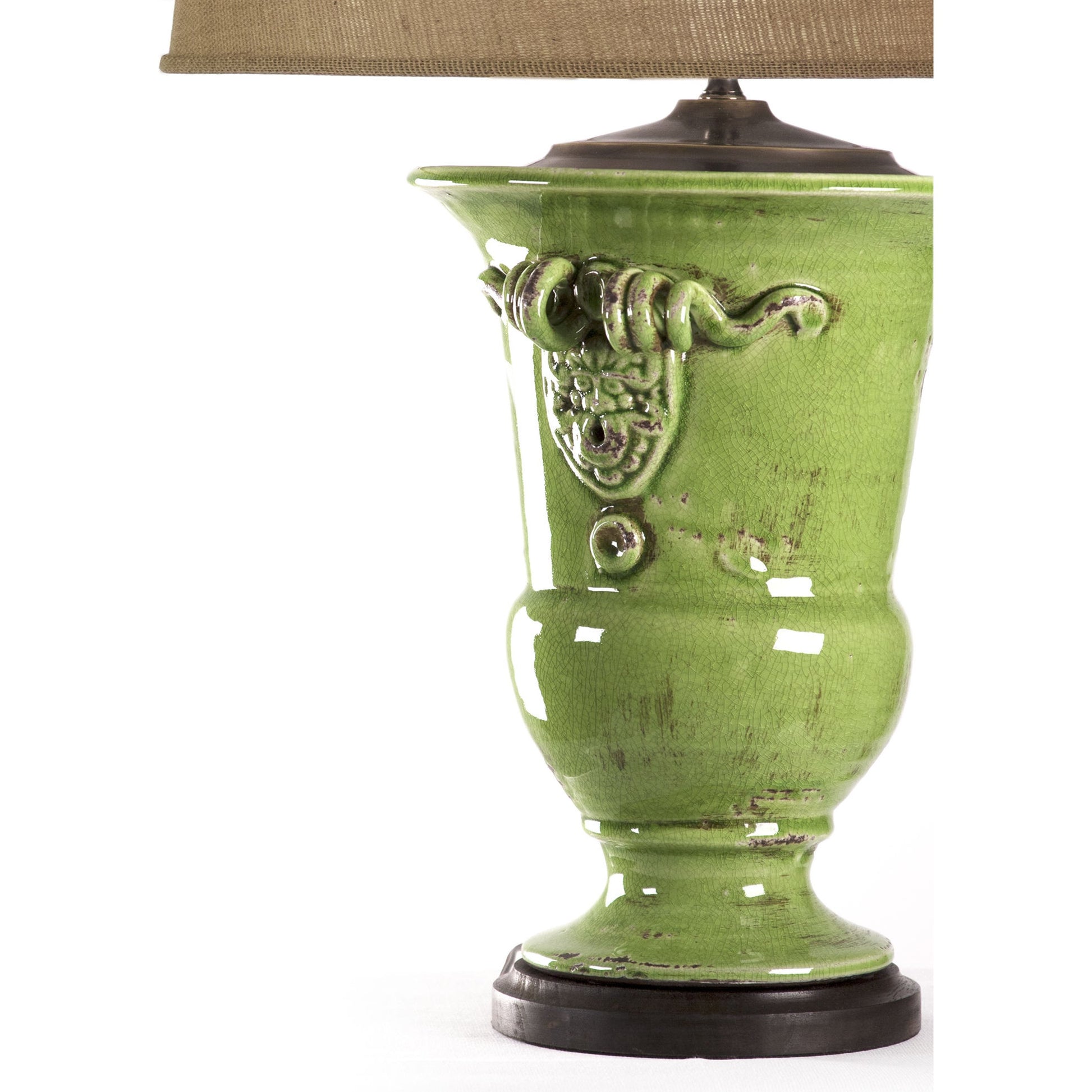 Green Pottery Lamp by Zentique in distressed green, natural shade and ceramic. Made from ceramic in a cottage & farmhouse style.