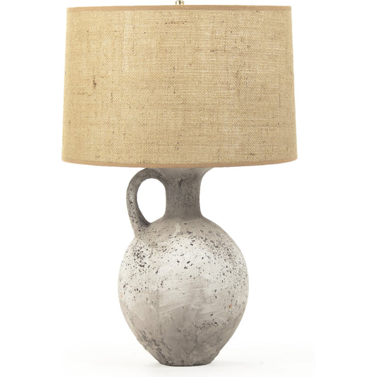 Ariah Lamp by Zentique in distressed taupe, burlap shade and terracotta. Made from terracotta in a cottage & farmhouse style.