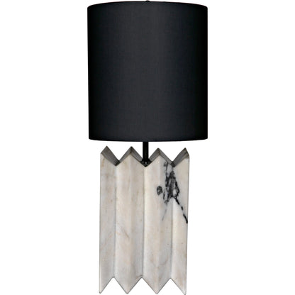 Jman Lamp by Noir in waxed white marble. Made from white marble with silk shade in a modern style.