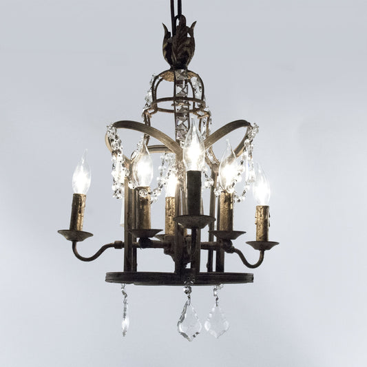 Corette Hanging Light by Zentique in weathered finish, gold leaf metal and crystal, elm. Made from crystal, elm in a traditional style.