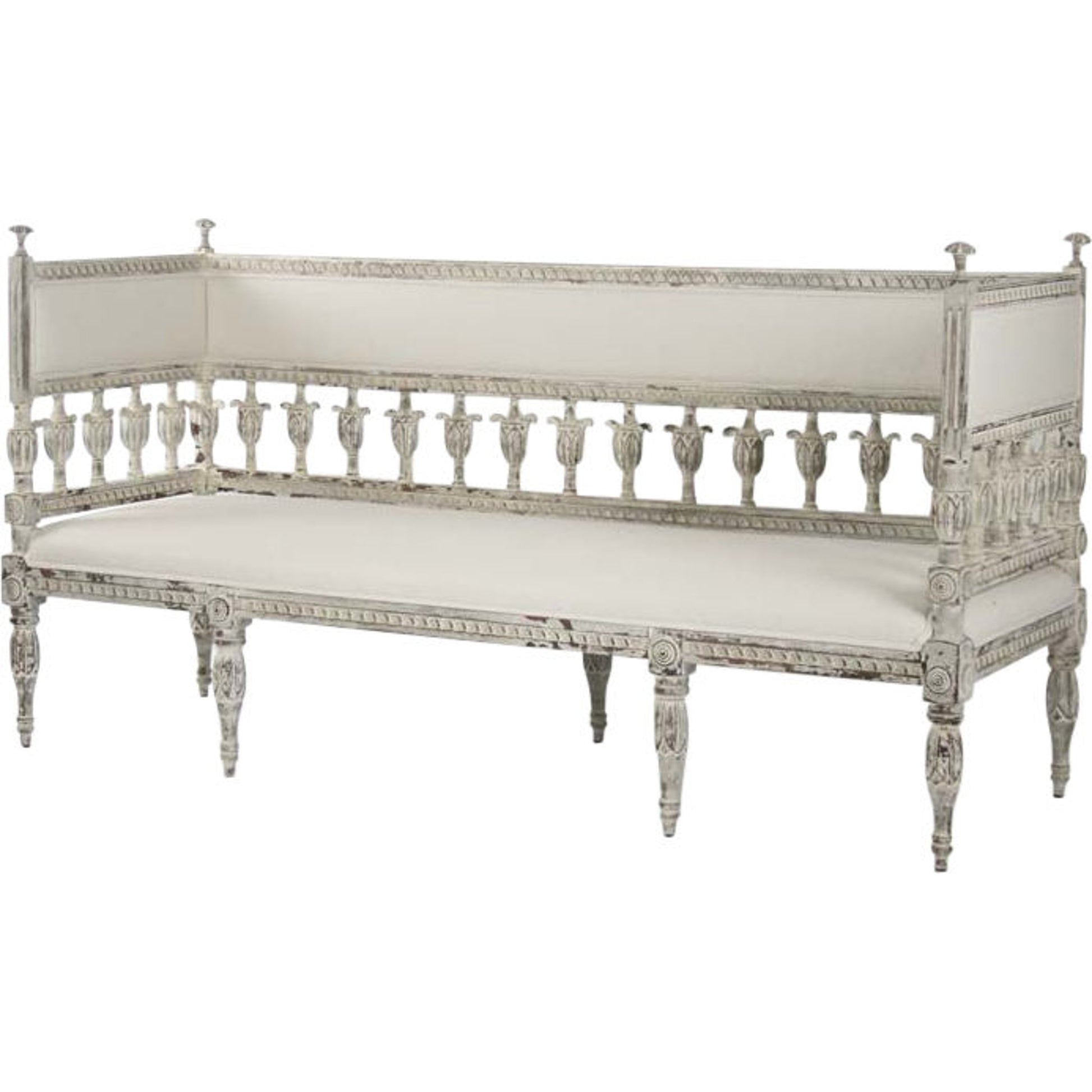 Isabel Bench by Zentique in distressed off-white frame, white linen and birch, pine. Made from birch, pine in a traditional style.