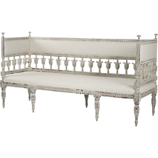 Isabel Bench by Zentique in distressed off-white frame, white linen and birch, pine. Made from birch, pine in a traditional style.