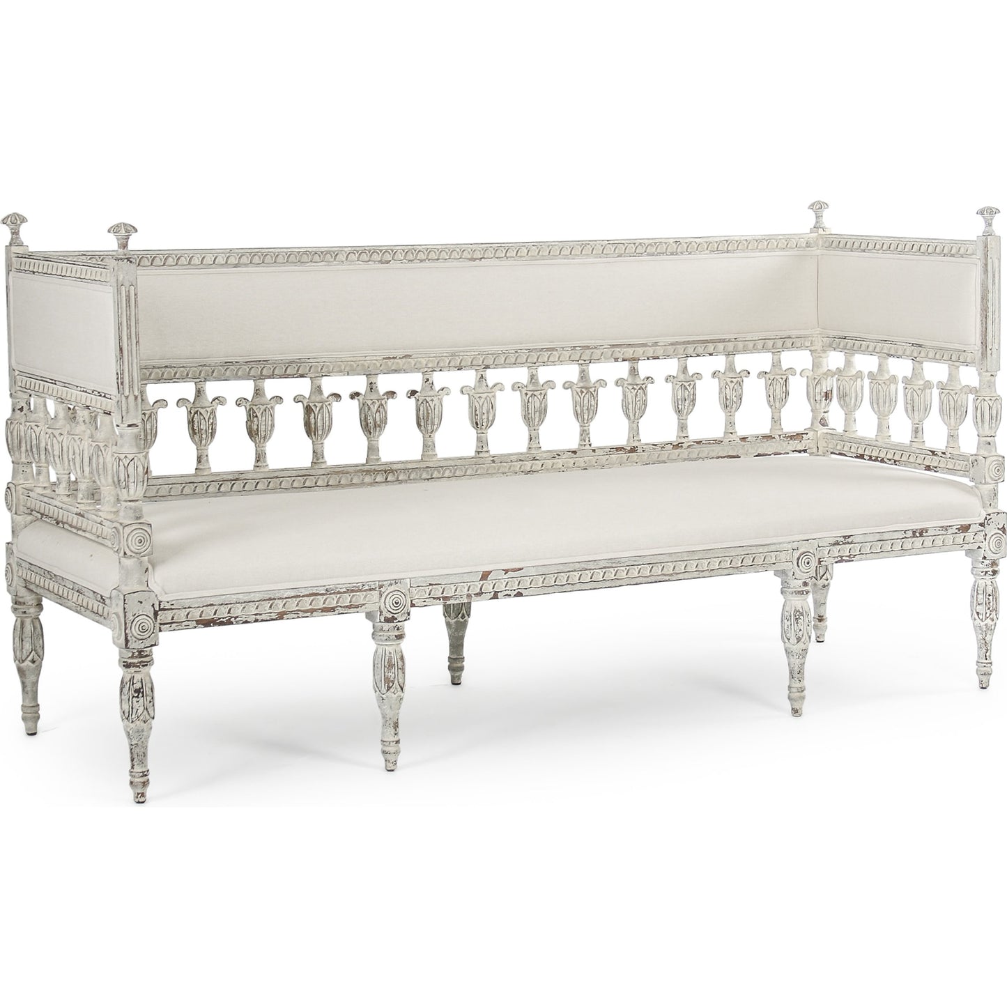 001 S-337392 | Primary Silo | Isabel Bench by Zentique in distressed off-white frame, white linen and birch, pine. Made from birch, pine in a traditional style.