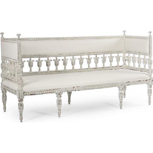 Isabel Bench by Zentique in distressed off-white frame, white linen and birch, pine. Made from birch, pine in a traditional style.
