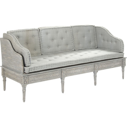 Tereza Bench by Zentique in distressed dove gray frame, gray blue silk and birch, pine. Made from birch, pine in a cottage & farmhouse style.