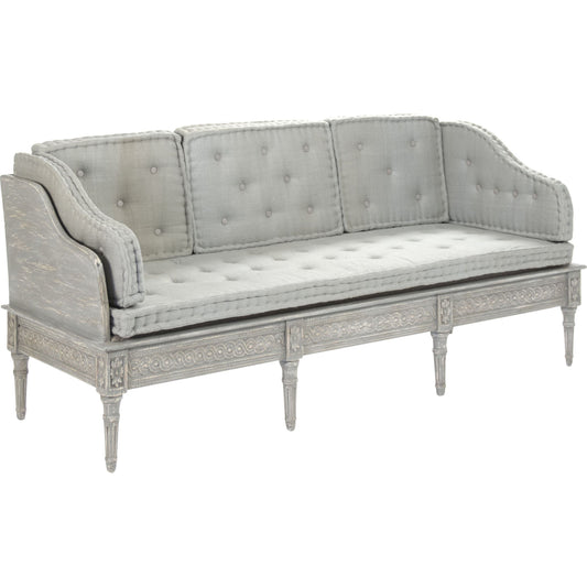 Tereza Bench by Zentique in distressed dove gray frame, gray blue silk and birch, pine. Made from birch, pine in a cottage & farmhouse style.