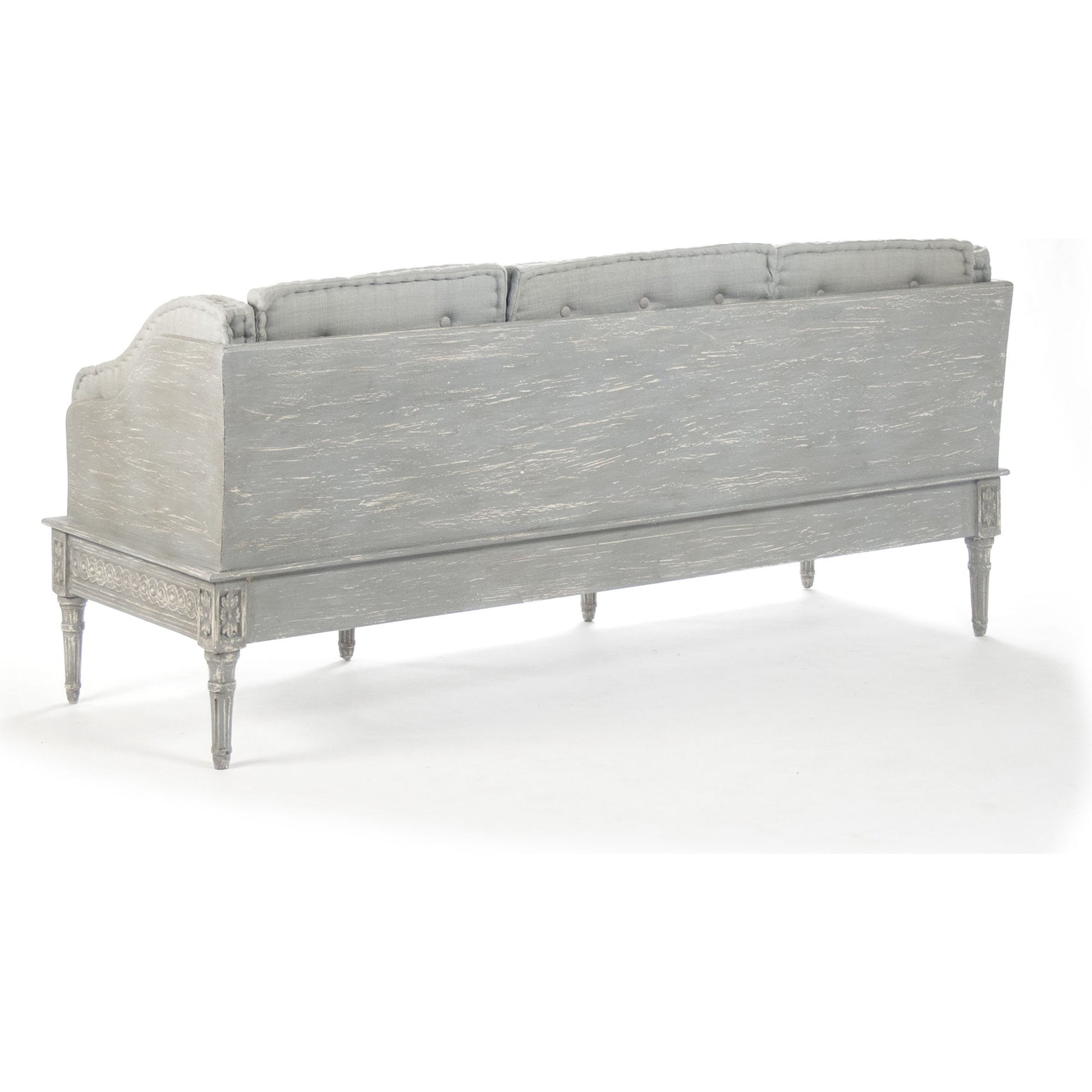 Tereza Bench by Zentique in distressed dove gray frame, gray blue silk and birch, pine. Made from birch, pine in a cottage & farmhouse style.
