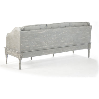 Tereza Bench by Zentique in distressed dove gray frame, gray blue silk and birch, pine. Made from birch, pine in a cottage & farmhouse style.