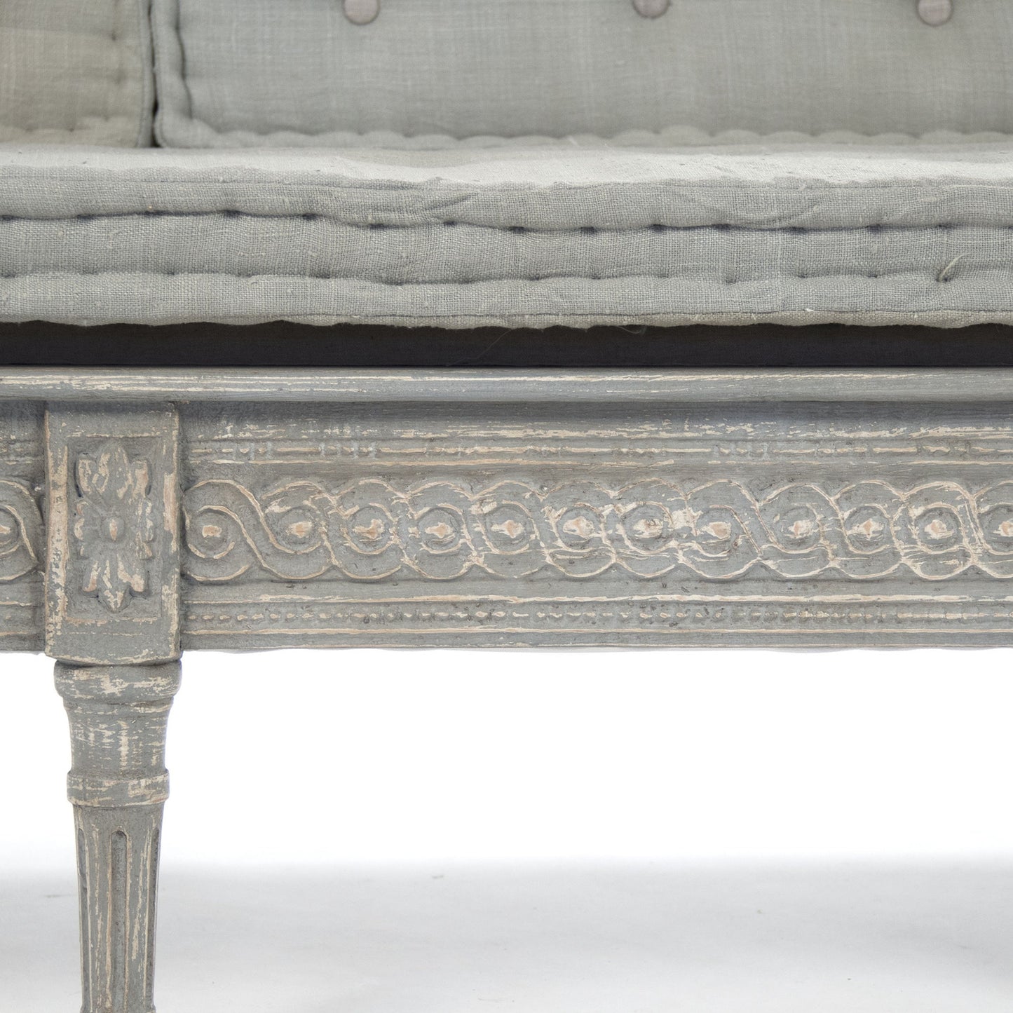 002 S-338393 | Closeup | Tereza Bench by Zentique in distressed dove gray frame, gray blue silk and birch, pine. Made from birch, pine in a cottage & farmhouse style.