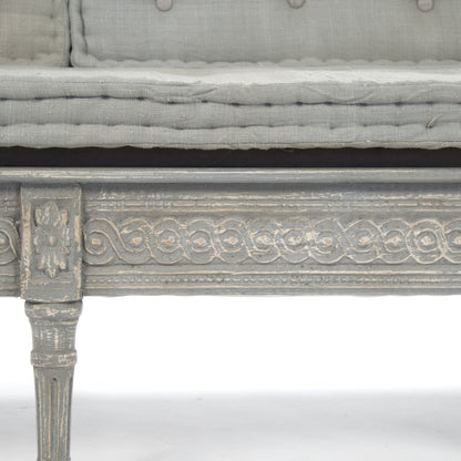 Tereza Bench by Zentique in distressed dove gray frame, gray blue silk and birch, pine. Made from birch, pine in a cottage & farmhouse style.