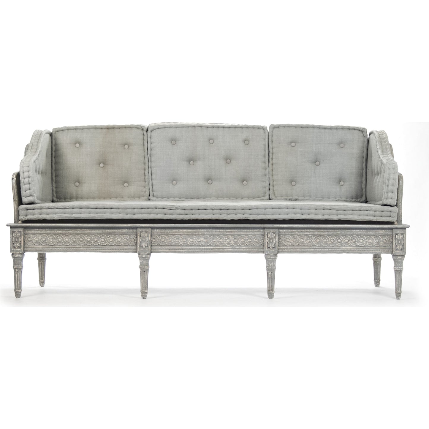 004 S-338393 | Additional Silo | Tereza Bench by Zentique in distressed dove gray frame, gray blue silk and birch, pine. Made from birch, pine in a cottage & farmhouse style.