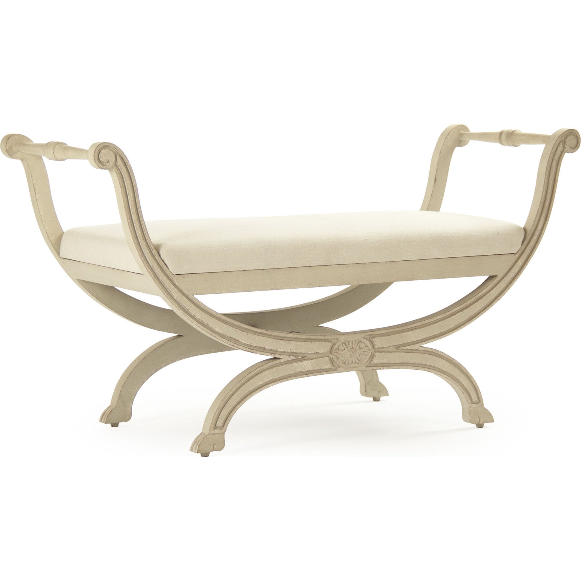 Beatrice Bench by Zentique in off-white linen and birch. Made from birch in a traditional style.