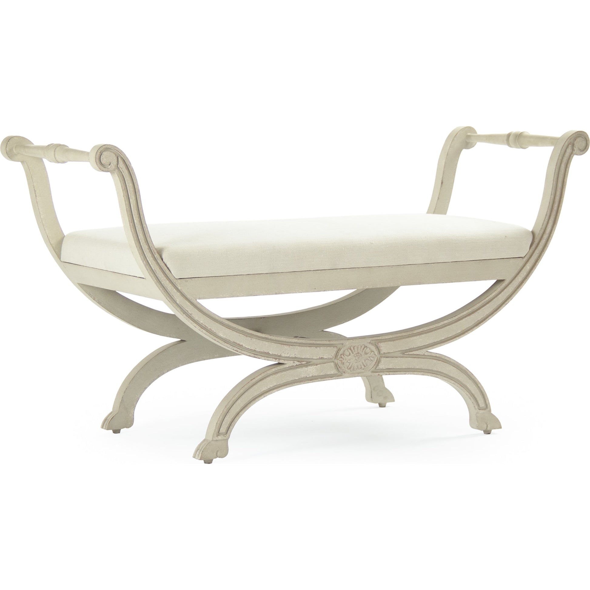 Beatrice Bench by Zentique in off-white linen and birch. Made from birch in a traditional style.