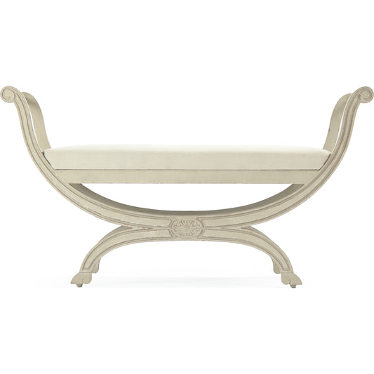 Beatrice Bench by Zentique in off-white linen and birch. Made from birch in a traditional style.