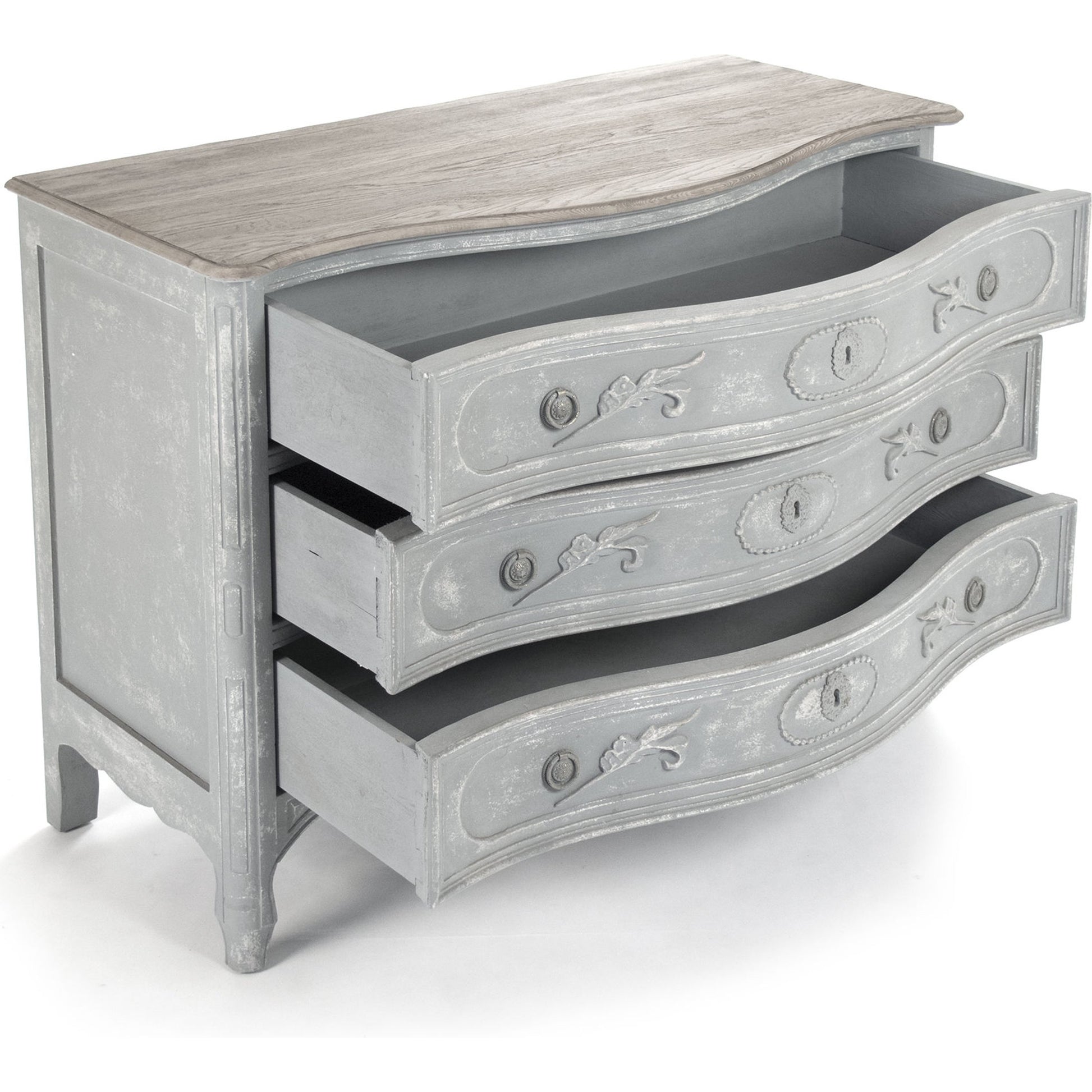 Lennon Chest by Zentique in dry natural top, distressed blue gray base and birch, poplar, elm. Made from unique in a traditional style.