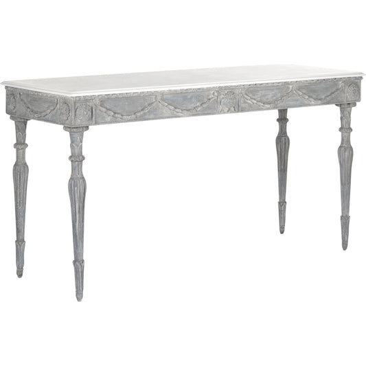 Lucien Table by Zentique in white top, distressed blue gray base and birch, poplar. Made from birch, poplar in a traditional style.