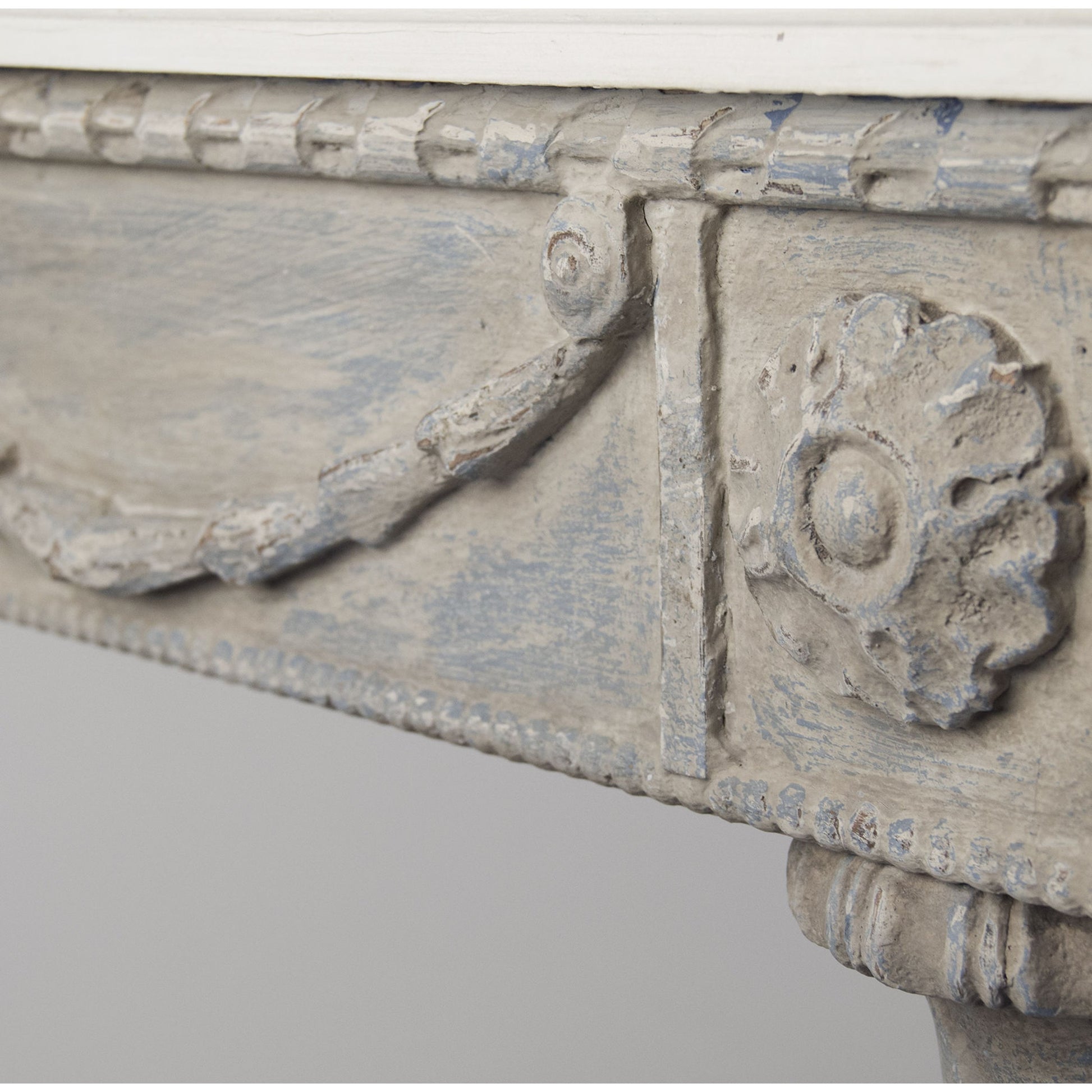 Lucien Table by Zentique in white top, distressed blue gray base and birch, poplar. Made from birch, poplar in a traditional style.