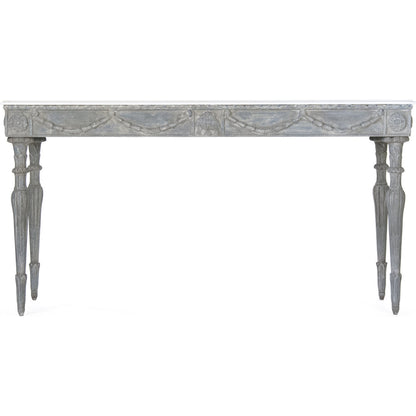 Lucien Table by Zentique in white top, distressed blue gray base and birch, poplar. Made from birch, poplar in a traditional style.