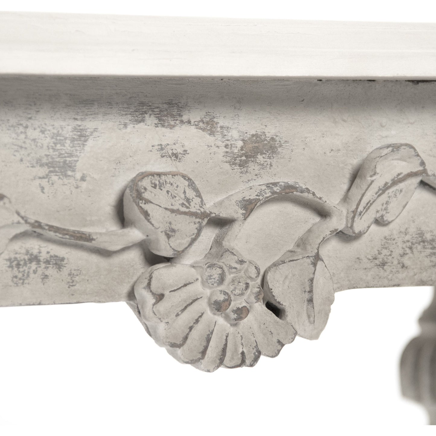 002 S-337949 | Closeup | Moses Console Table by Zentique in white top, distressed gray base and birch. Made from birch in a traditional style.