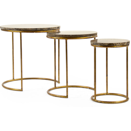 Clovis Nesting Side Tables by Zentique in gold leaf, brown marble and steel, marble. Made from steel, marble in a transitional style.