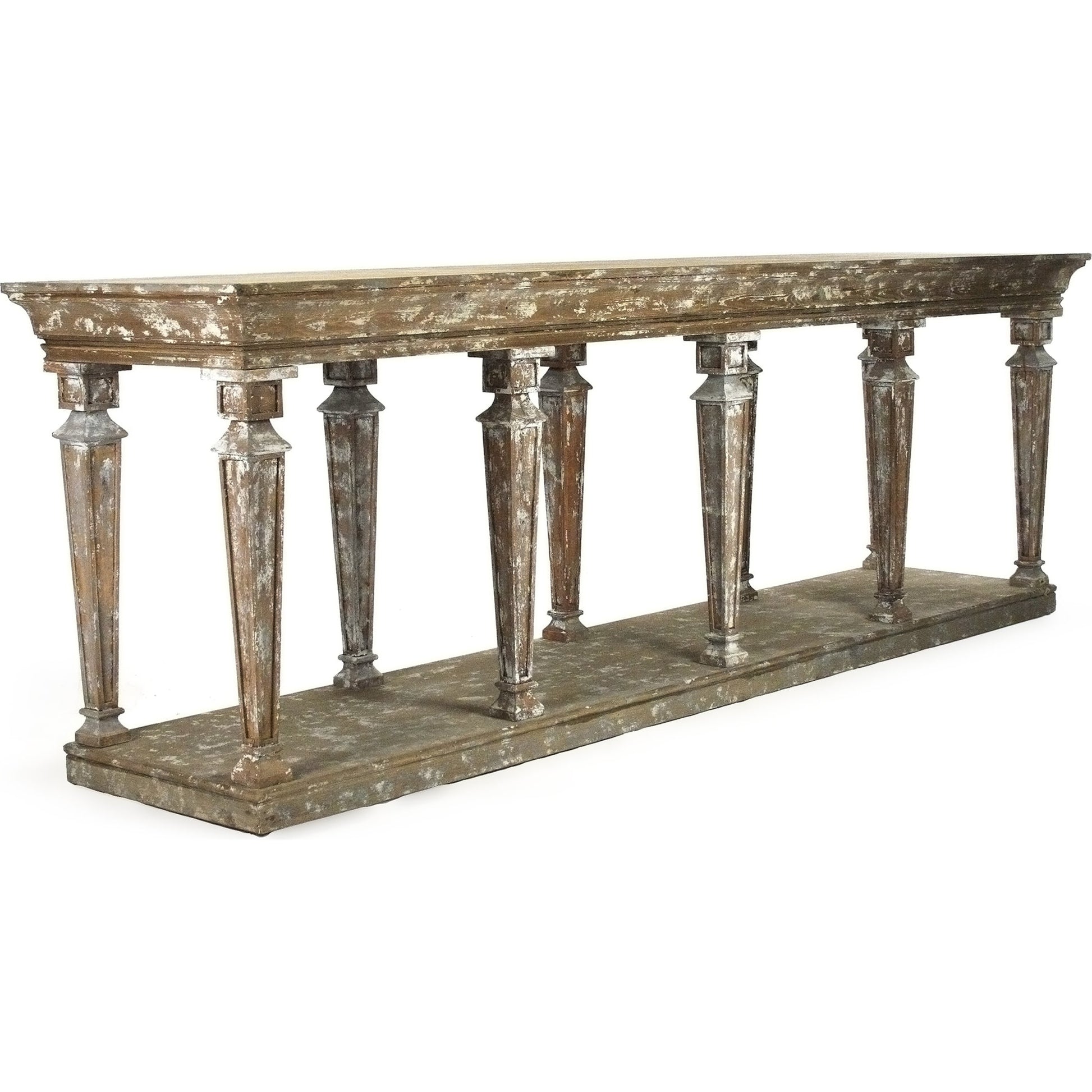 Colin Console by Zentique in distressed umber brown and pine, birch. Made from pine, birch in a traditional style.