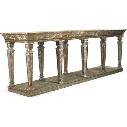 Colin Console by Zentique in distressed umber brown and pine, birch. Made from pine, birch in a traditional style.