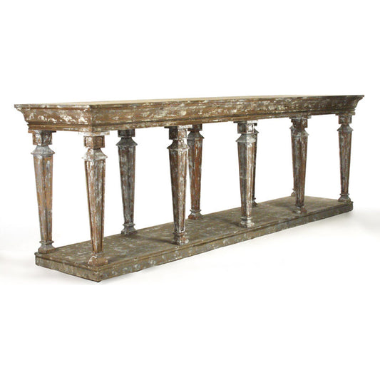 Colin Console by Zentique in distressed umber brown and pine, birch. Made from pine, birch in a traditional style.