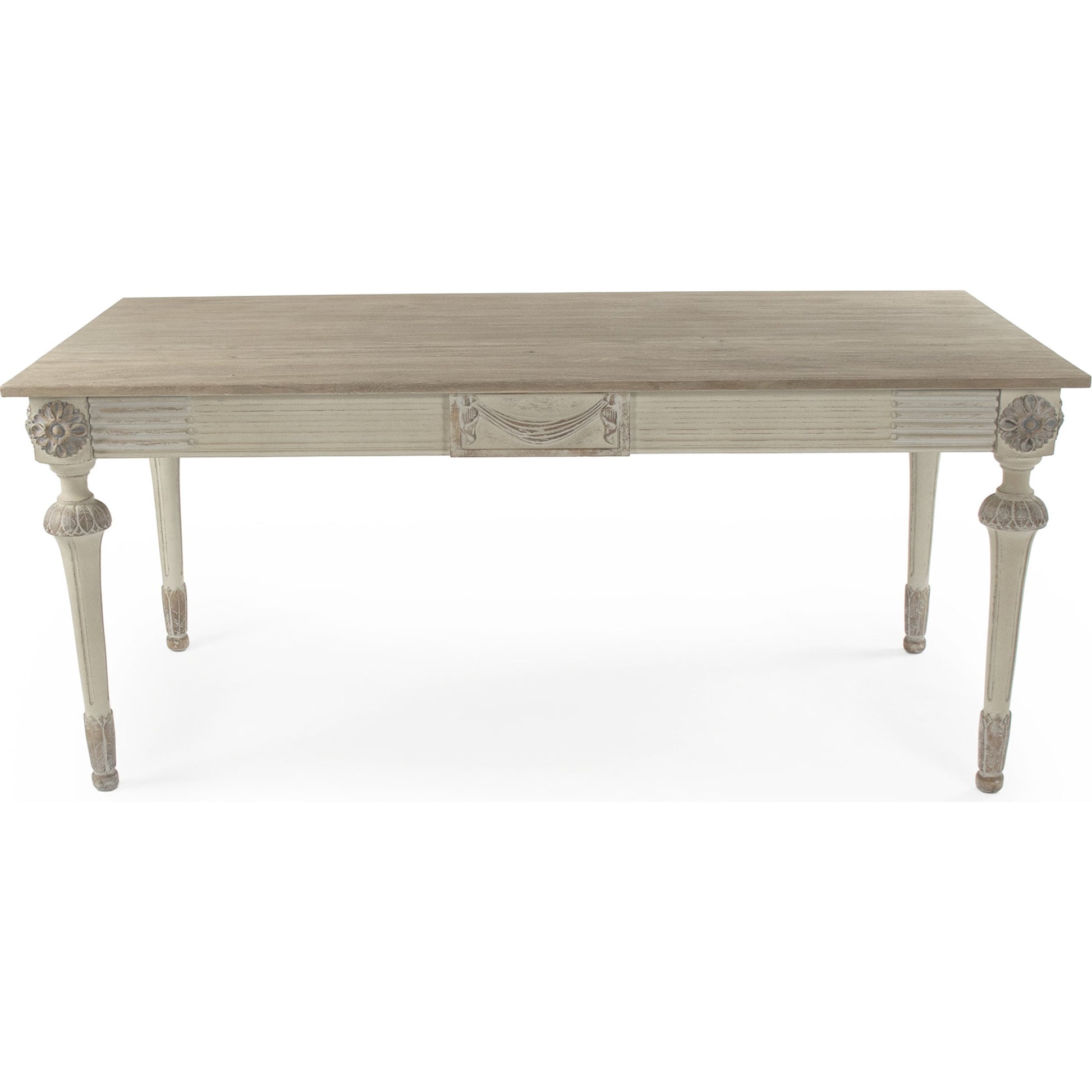 Bastian Dining Table by Zentique in distressed taupe, dry natural finish top and birch, elm, plywood. Made from elm, birch. plywood in a traditional style.