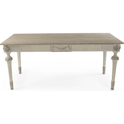 Bastian Dining Table by Zentique in distressed taupe, dry natural finish top and birch, elm, plywood. Made from elm, birch. plywood in a traditional style.