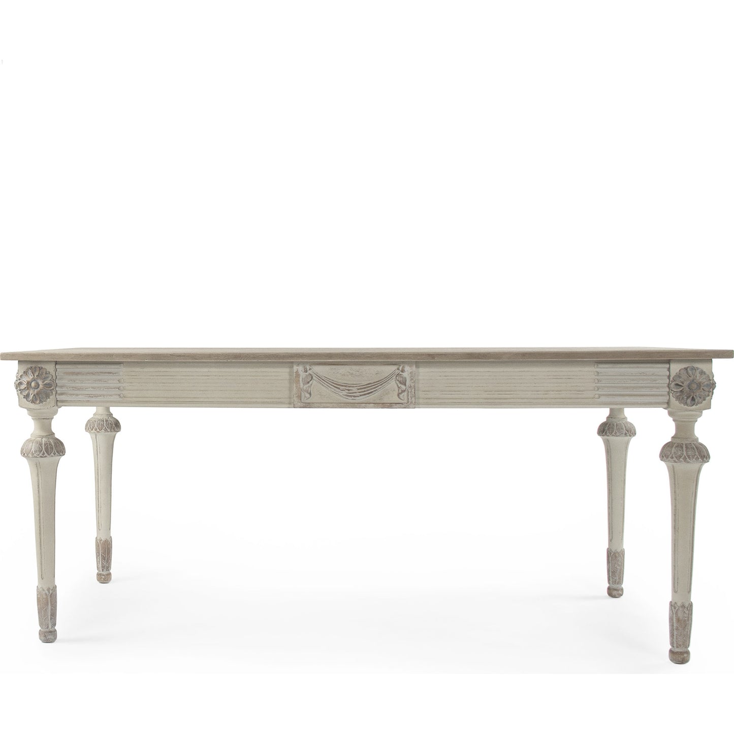 002 S-336673 | Additional Silo | Bastian Dining Table by Zentique in distressed taupe, dry natural finish top and birch, elm, plywood. Made from elm, birch. plywood in a traditional style.