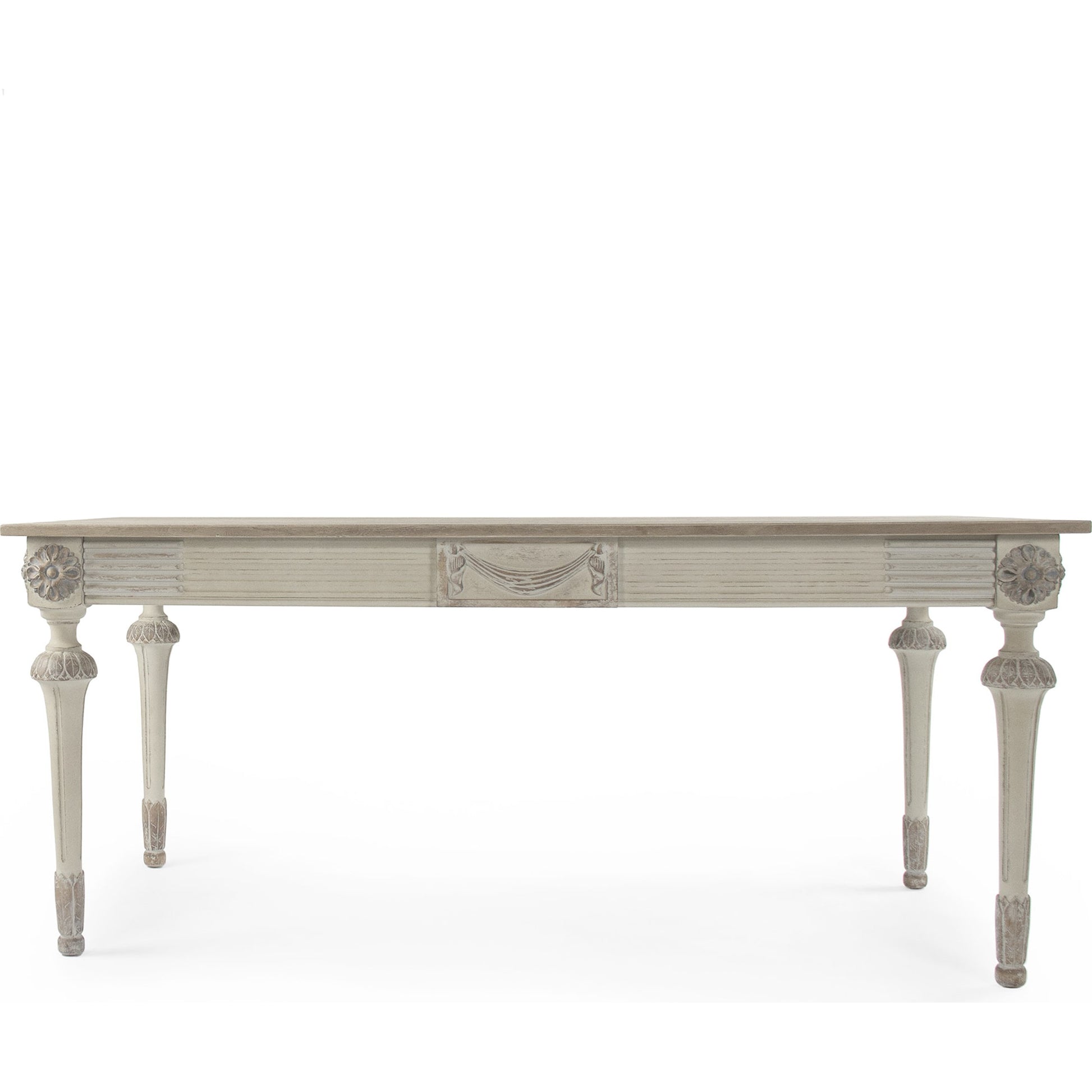Bastian Dining Table by Zentique in distressed taupe, dry natural finish top and birch, elm, plywood. Made from elm, birch. plywood in a traditional style.