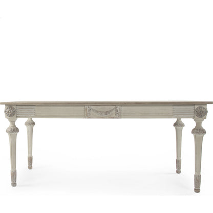 Bastian Dining Table by Zentique in distressed taupe, dry natural finish top and birch, elm, plywood. Made from elm, birch. plywood in a traditional style.