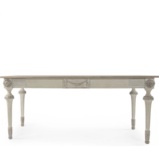 Bastian Dining Table by Zentique in distressed taupe, dry natural finish top and birch, elm, plywood. Made from elm, birch. plywood in a traditional style.