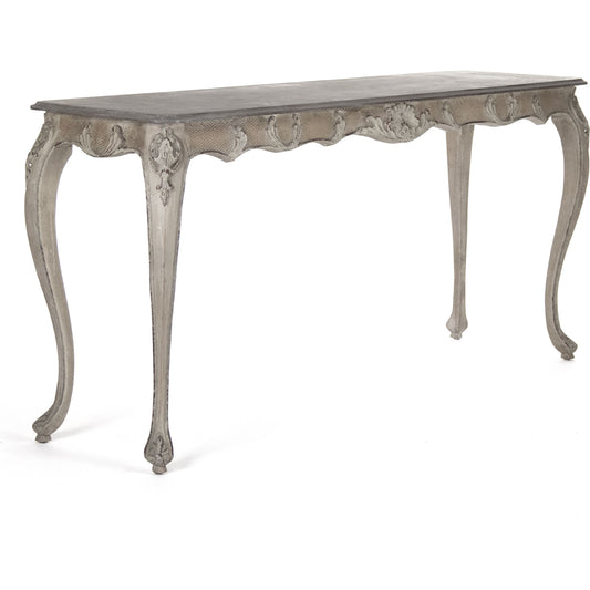 Gerome Console by Zentique in gunsmoke gray top, distressed taupe base and birch. Made from birch in a traditional style.