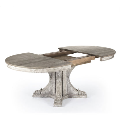 Terrell Dining Table by Zentique in weathered top, distressed gray washed based and elm, birch, pine. Made from elm, birch, pine in a transitional style.