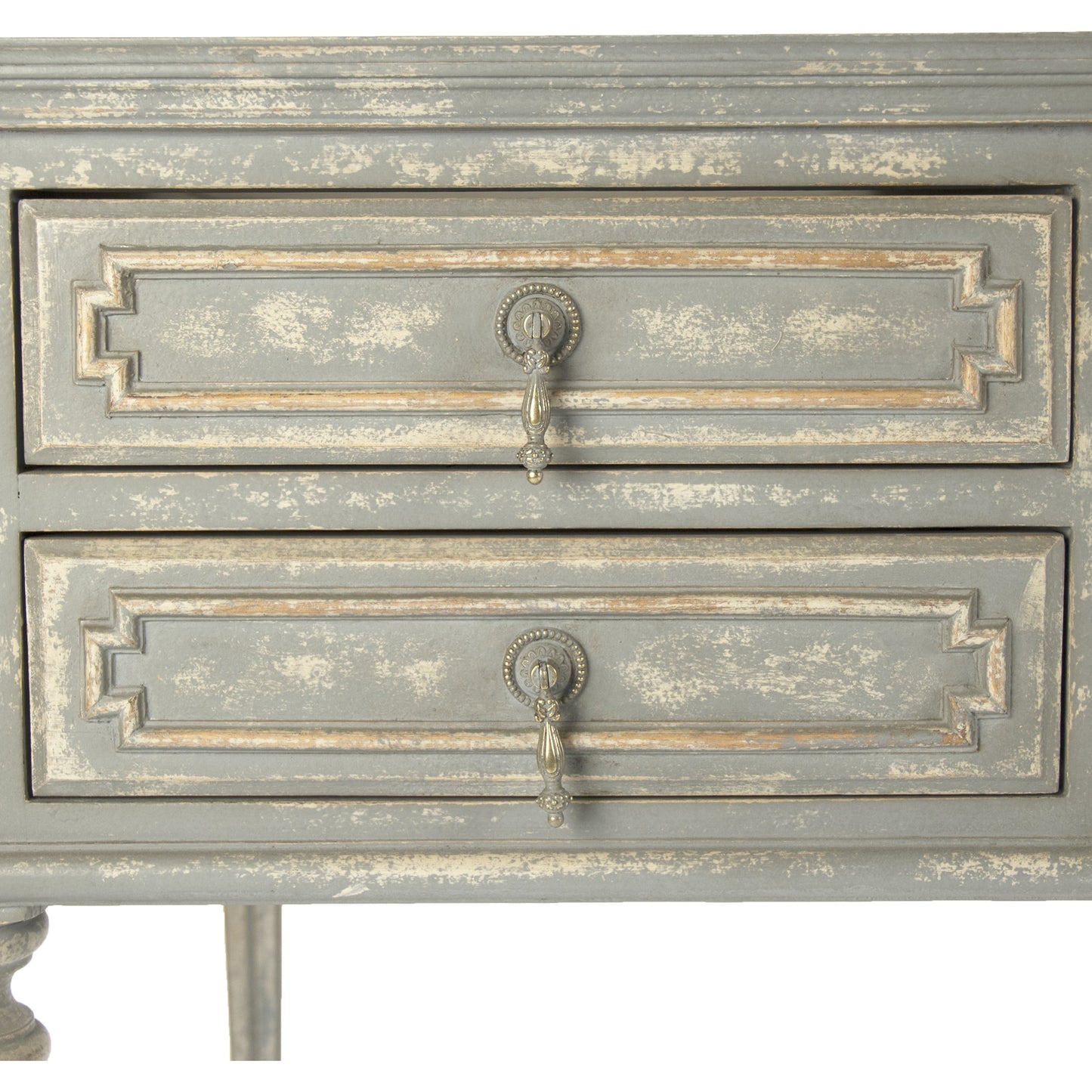 009 S-336837 | Closeup | Canning Desk by Zentique in distressed gray, cream and wood. Made from wood in a traditional style.