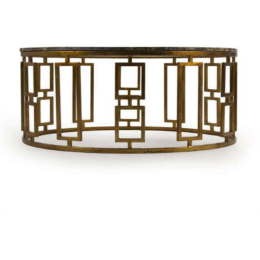 Adelise Coffee Table by Zentique in brown top, gold leaf base and iron, marble. Made from iron, marble in a transitional style.