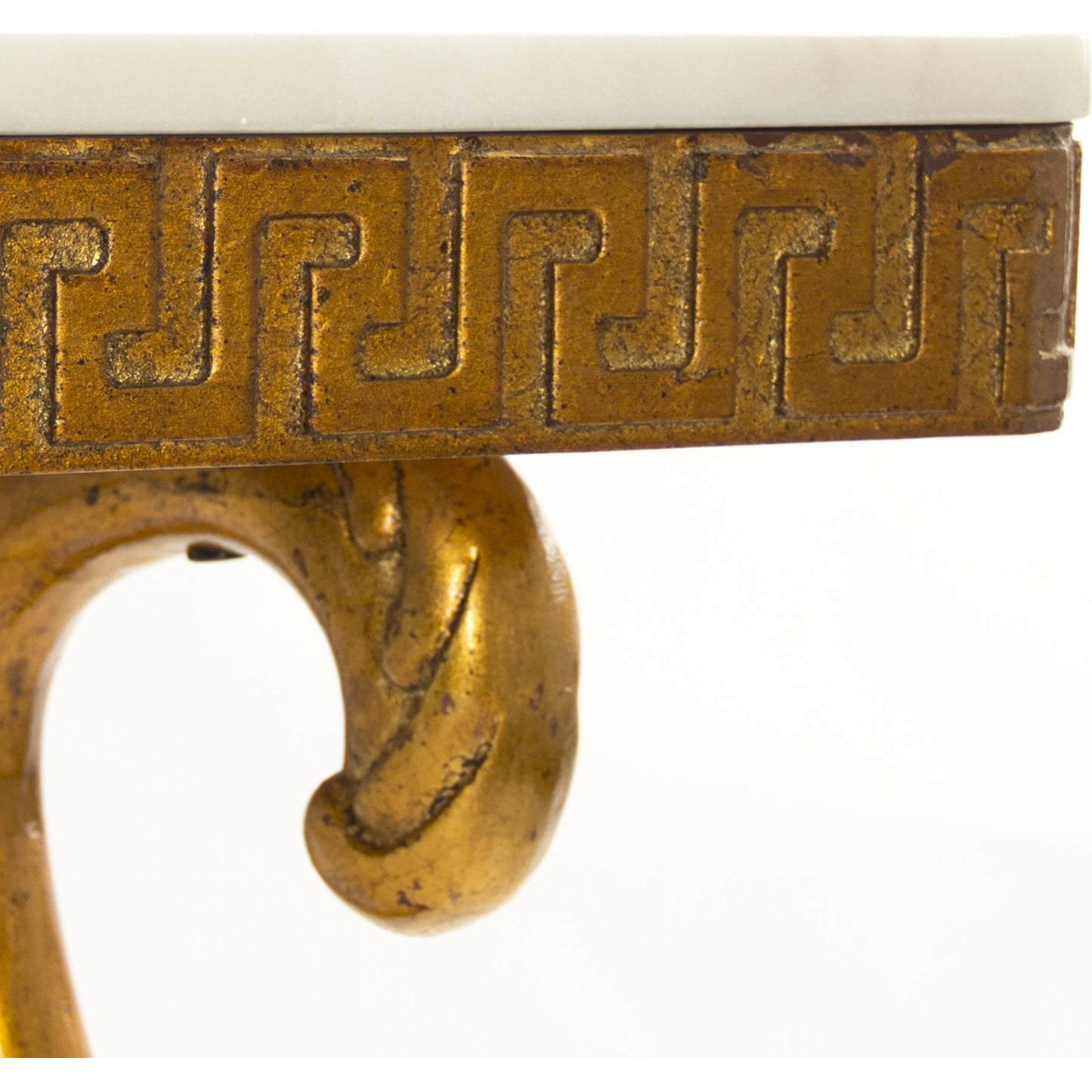 004 S-337102 | Closeup | Emeline Console by Zentique in off-white top, gold leaf base and birch, plywood. Made from birch, plywood in a traditional style.